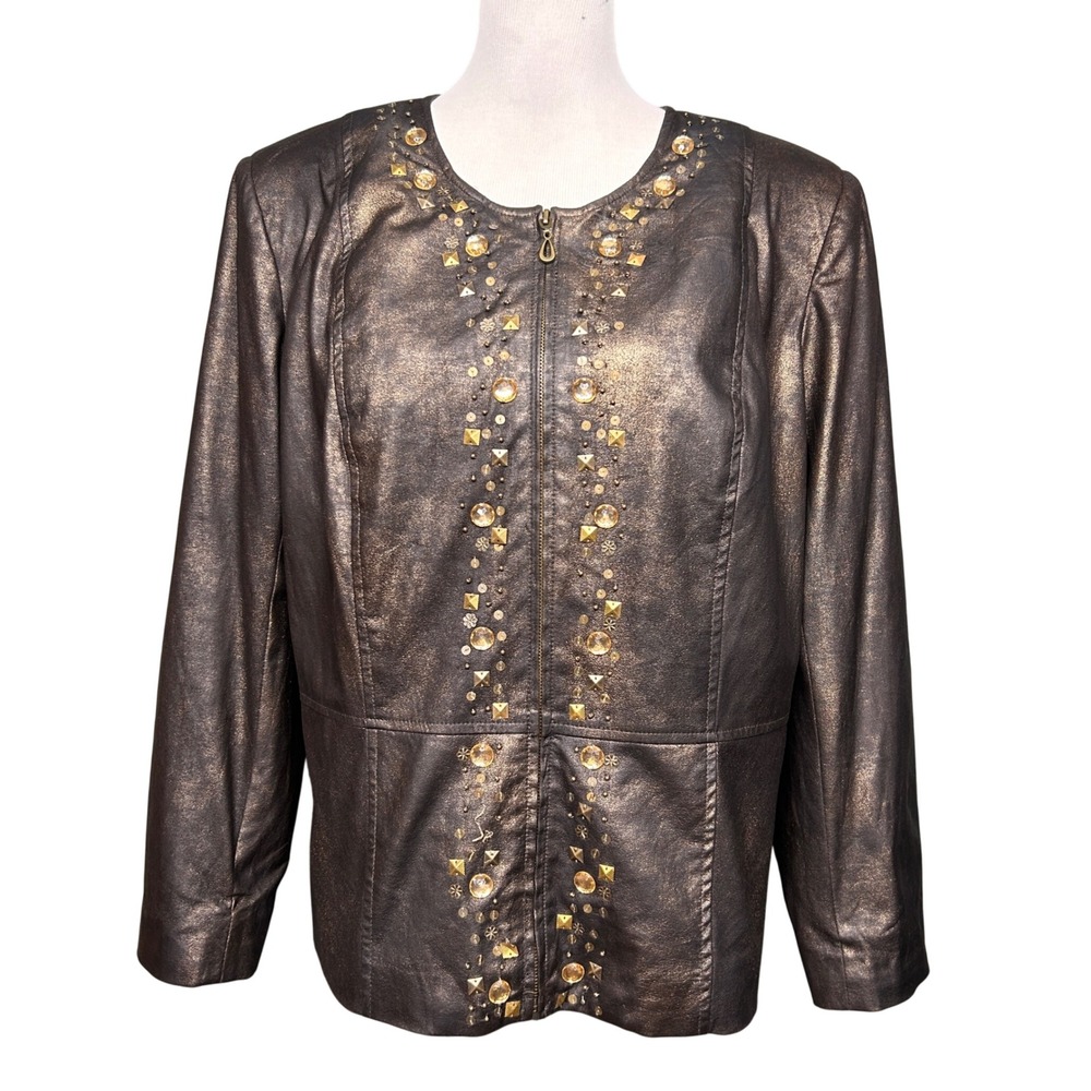 Choices Faux Leather Jacket Women XL Bronze Metallic Embellished Zip Up Y2K Moto